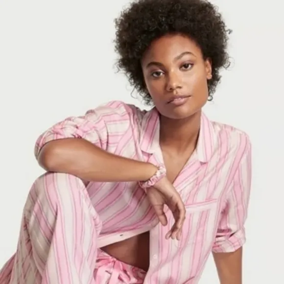Victoria's Secret pink stripe long sleeve button down pajamas top