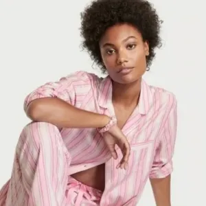 Victoria's Secret pink stripe long sleeve button down pajamas top