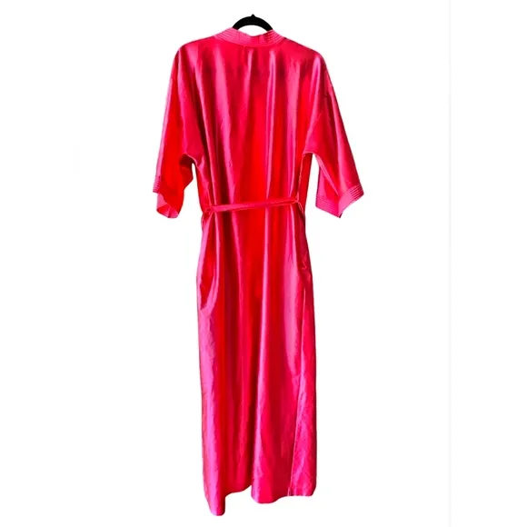 Vintage RARE Lorraine 80's Silk Satin Barbie Pink Long Robe Kimono W/ Pockets