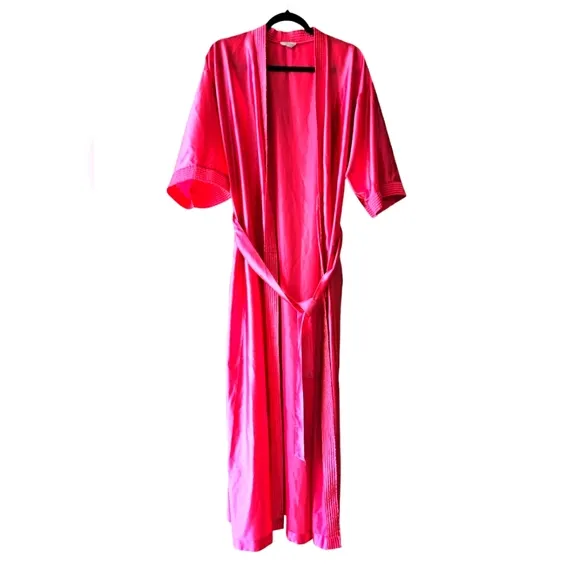 Vintage RARE Lorraine 80's Silk Satin Barbie Pink Long Robe Kimono W/ Pockets