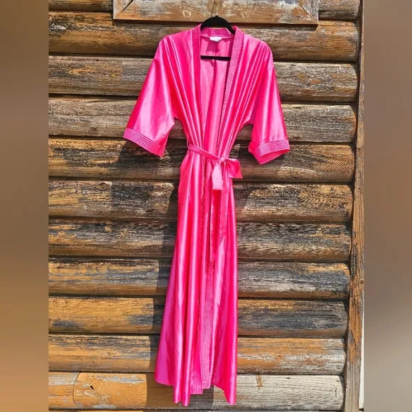 Vintage RARE Lorraine 80's Silk Satin Barbie Pink Long Robe Kimono W/ Pockets