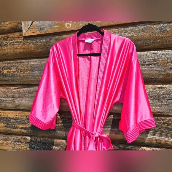 Vintage RARE Lorraine 80's Silk Satin Barbie Pink Long Robe Kimono W/ Pockets