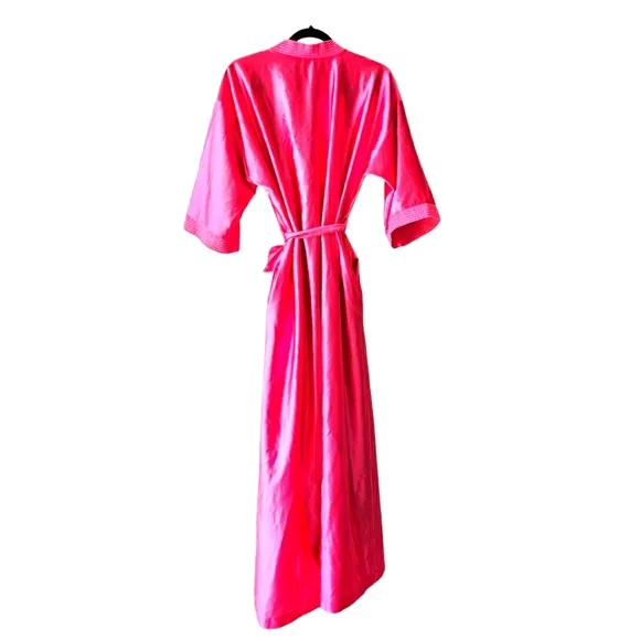 Vintage RARE Lorraine 80's Silk Satin Barbie Pink Long Robe Kimono W/ Pockets