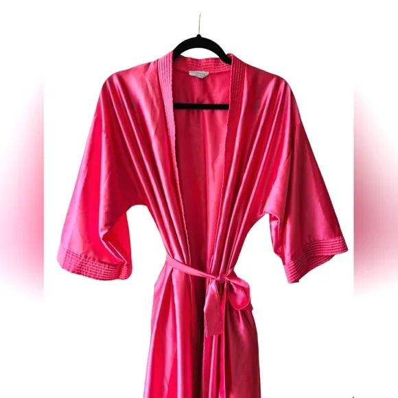 Vintage RARE Lorraine 80's Silk Satin Barbie Pink Long Robe Kimono W/ Pockets