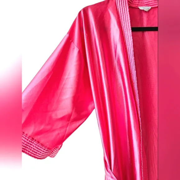 Vintage RARE Lorraine 80's Silk Satin Barbie Pink Long Robe Kimono W/ Pockets