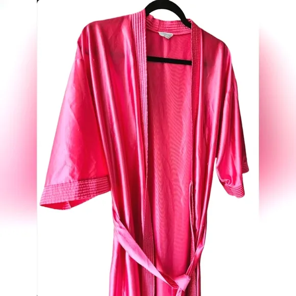 Vintage RARE Lorraine 80's Silk Satin Barbie Pink Long Robe Kimono W/ Pockets