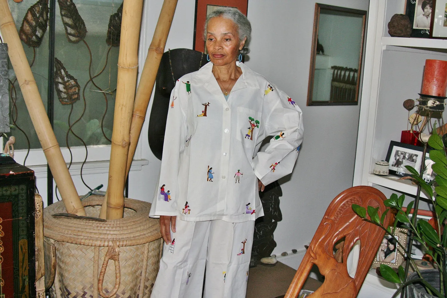 White Lounging Pajamas with Colorful Embroidered African People - Madagascar
