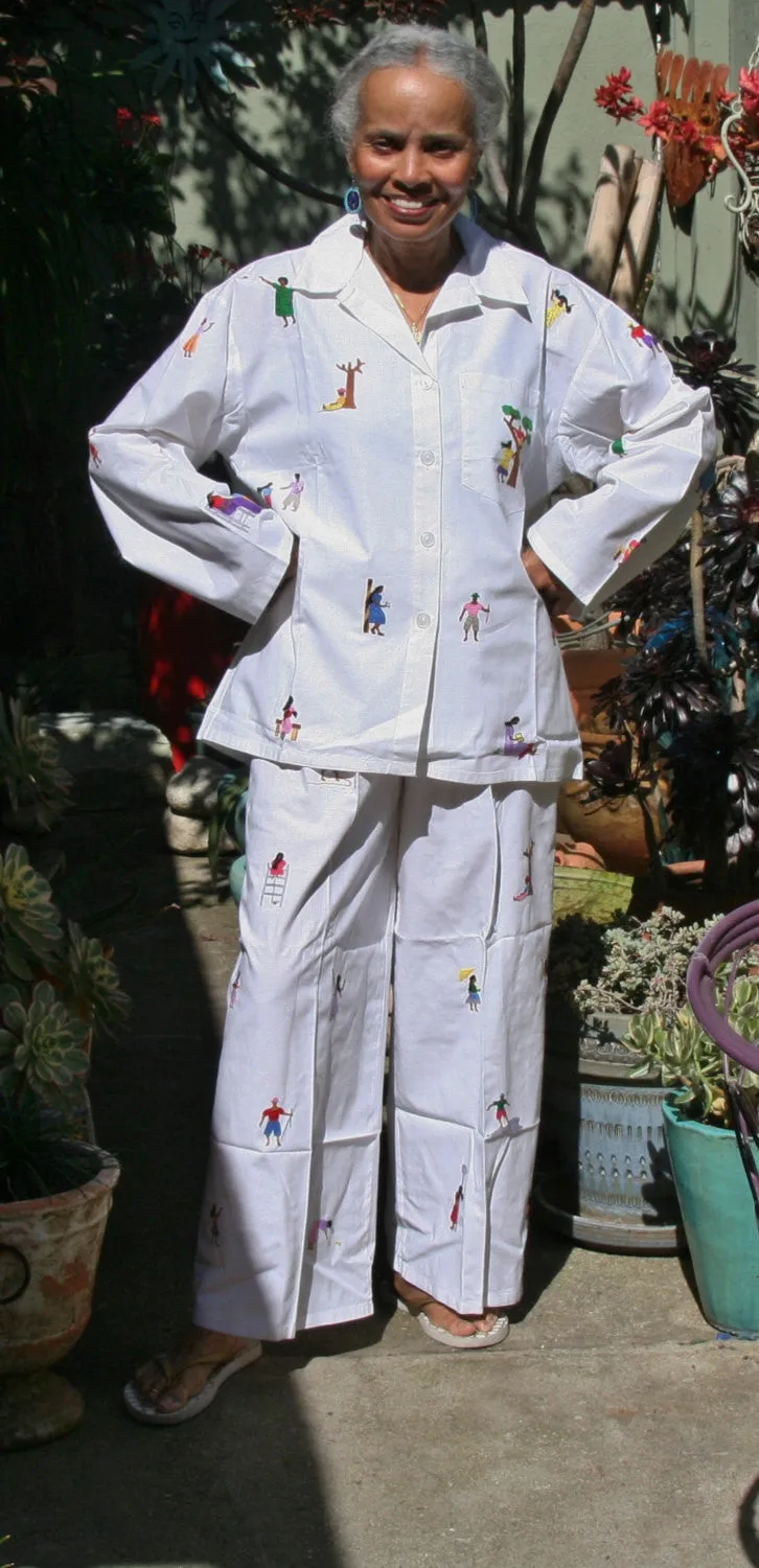 White Lounging Pajamas with Colorful Embroidered African People - Madagascar