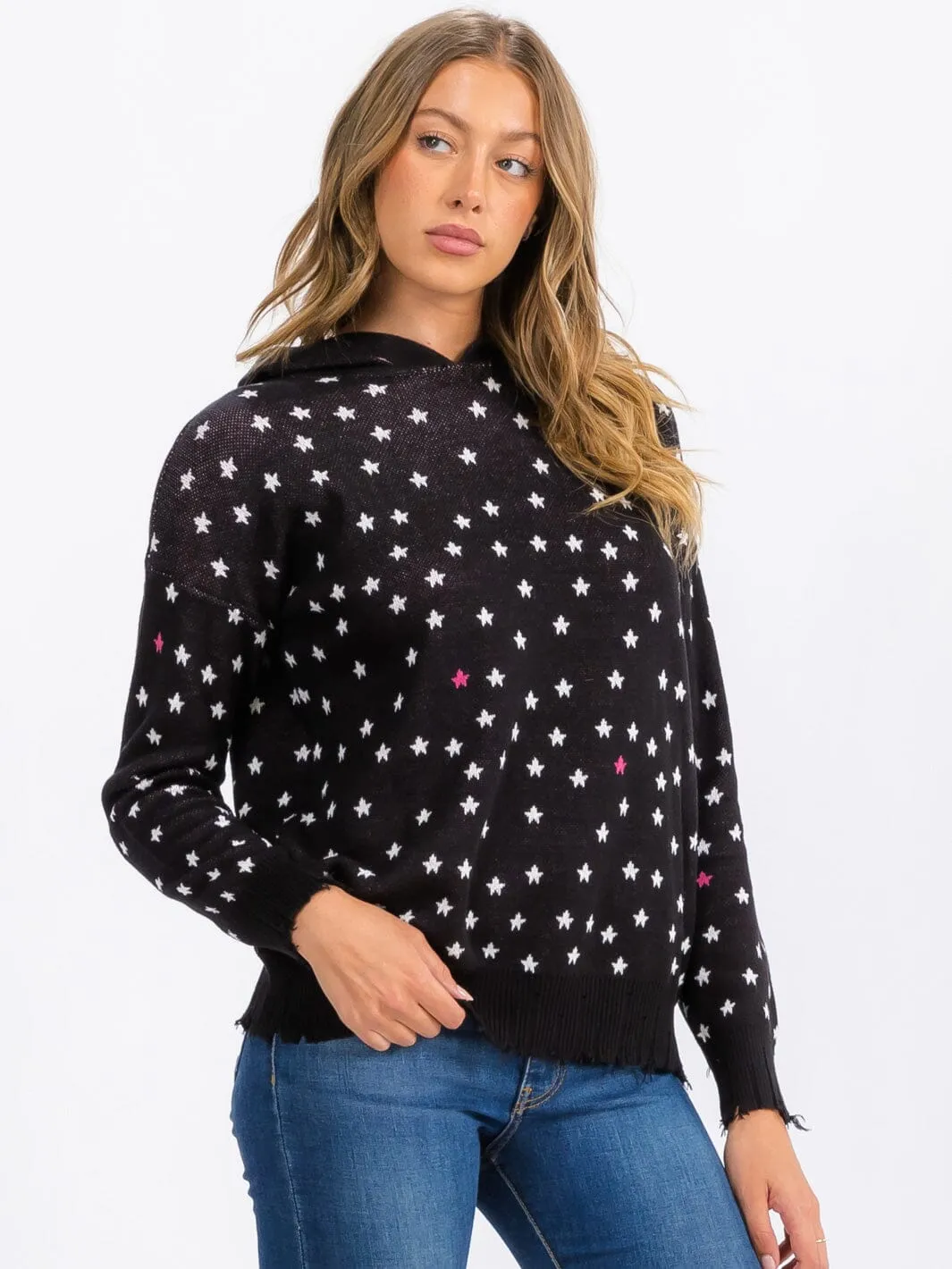 WOMEN'S LONG SLEEVE STARS PRINT PULLOVER HOODED TOP