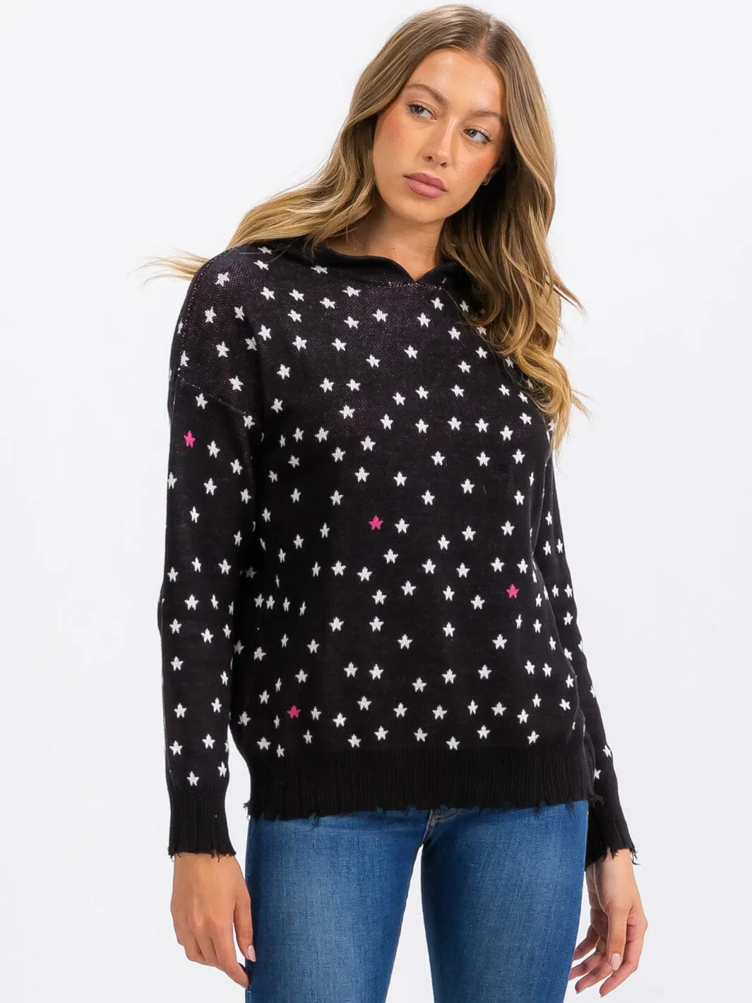 WOMEN'S LONG SLEEVE STARS PRINT PULLOVER HOODED TOP
