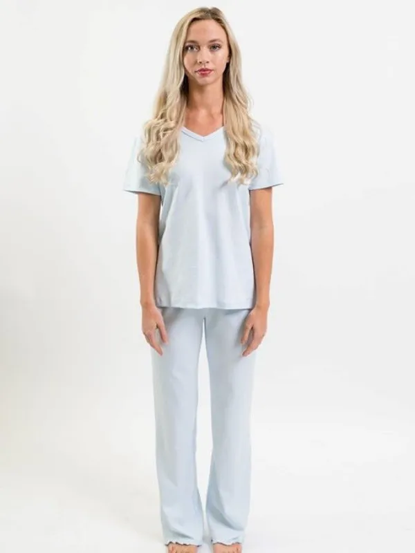 Women's Pima V-Neck Pajama Pant Set | Lt Blue