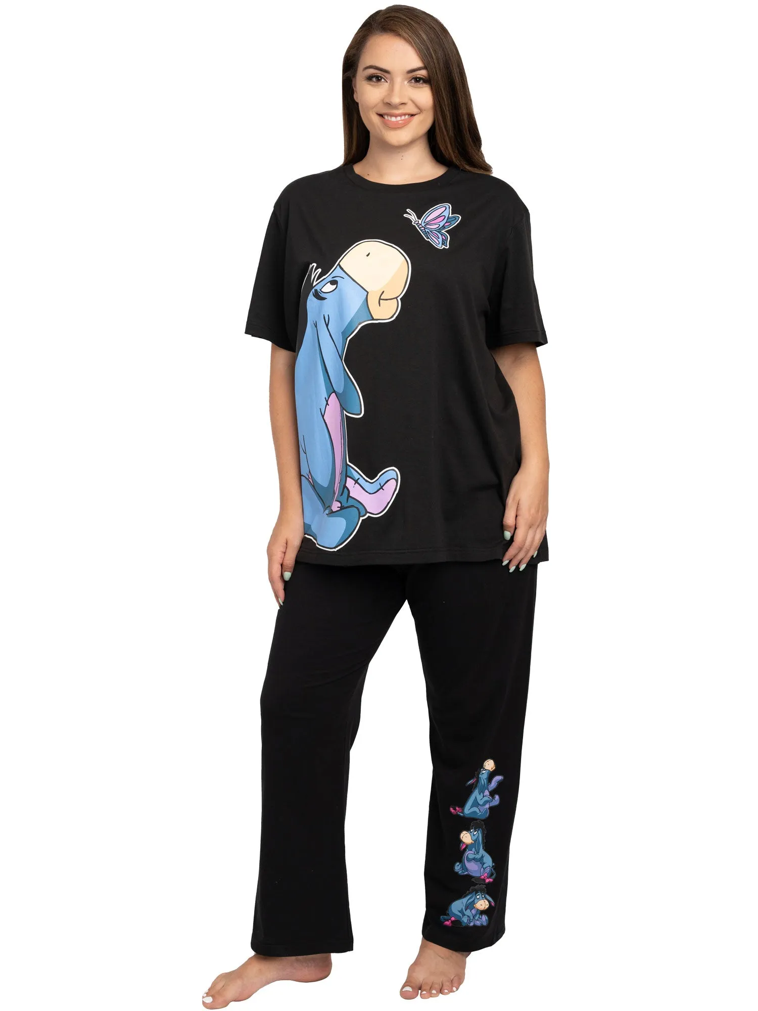 Women's Plus Size Eeyore Butterfly Black T-Shirt & Pajama Pants Lounge Wear Set