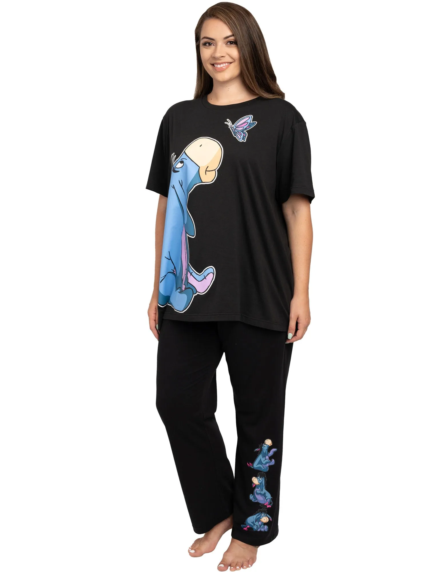Women's Plus Size Eeyore Butterfly Black T-Shirt & Pajama Pants Lounge Wear Set