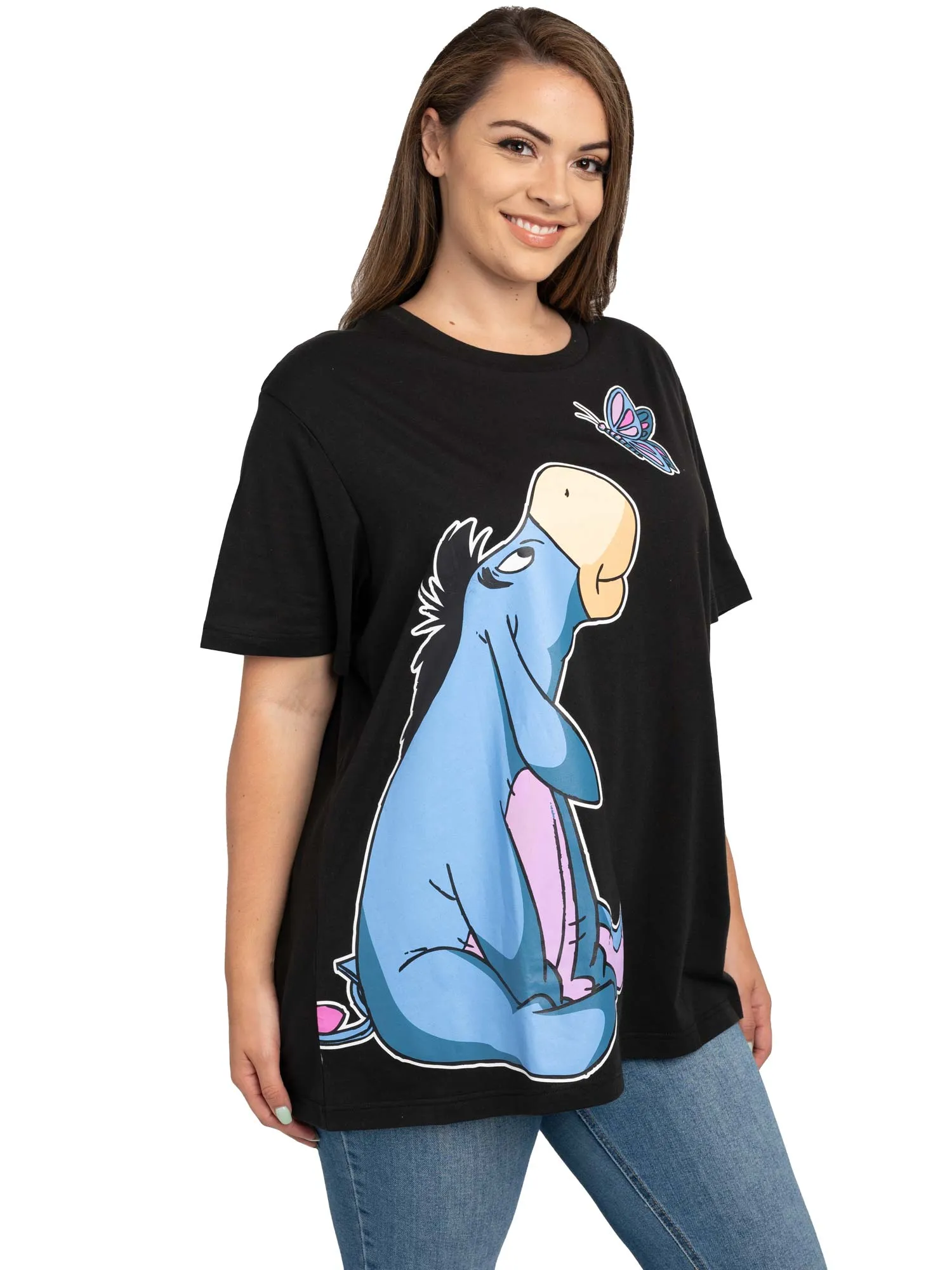 Women's Plus Size Eeyore Butterfly Black T-Shirt & Pajama Pants Lounge Wear Set