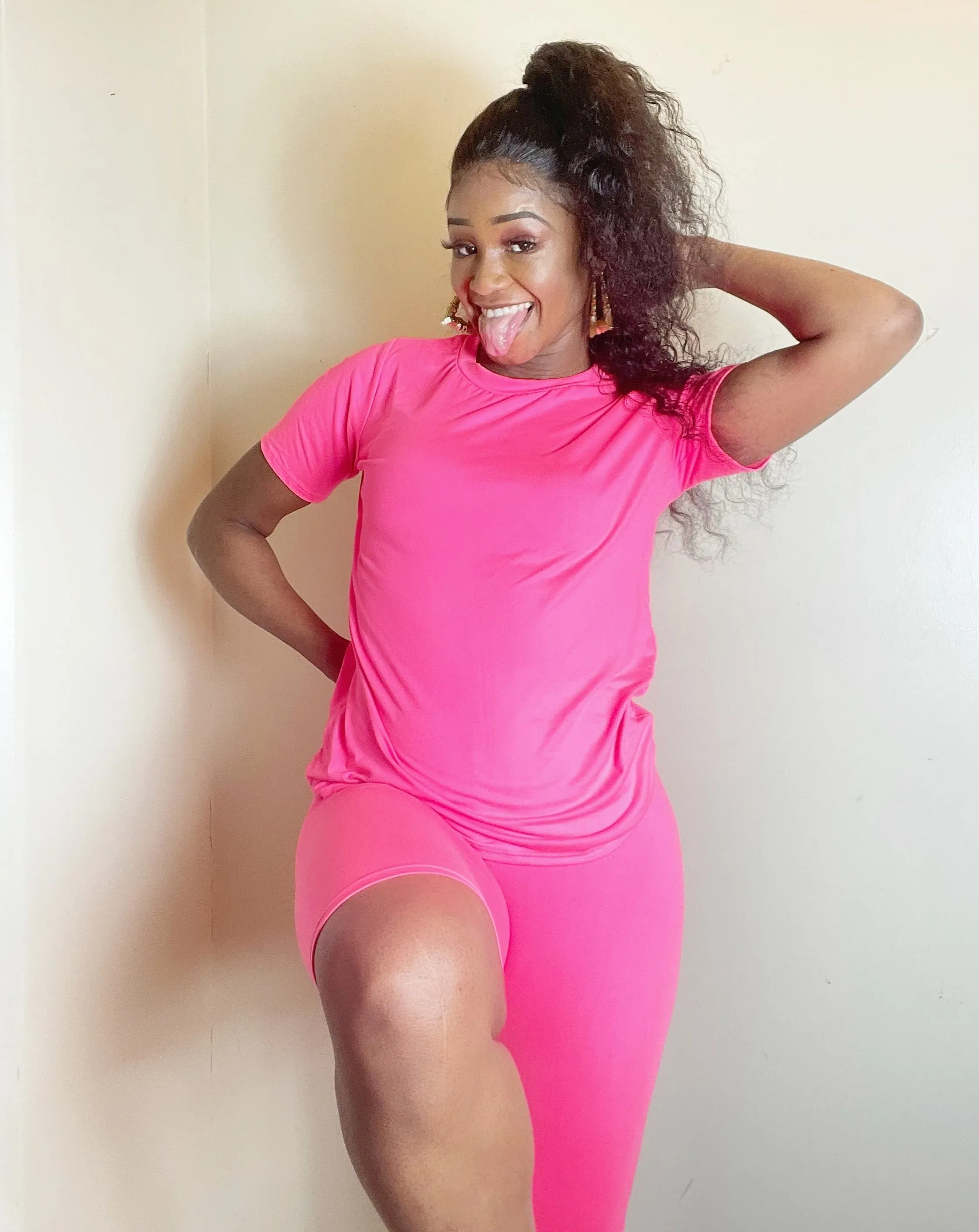 Women's Short Sleeve Top & Shorts Lounge Set (Neon Pink)