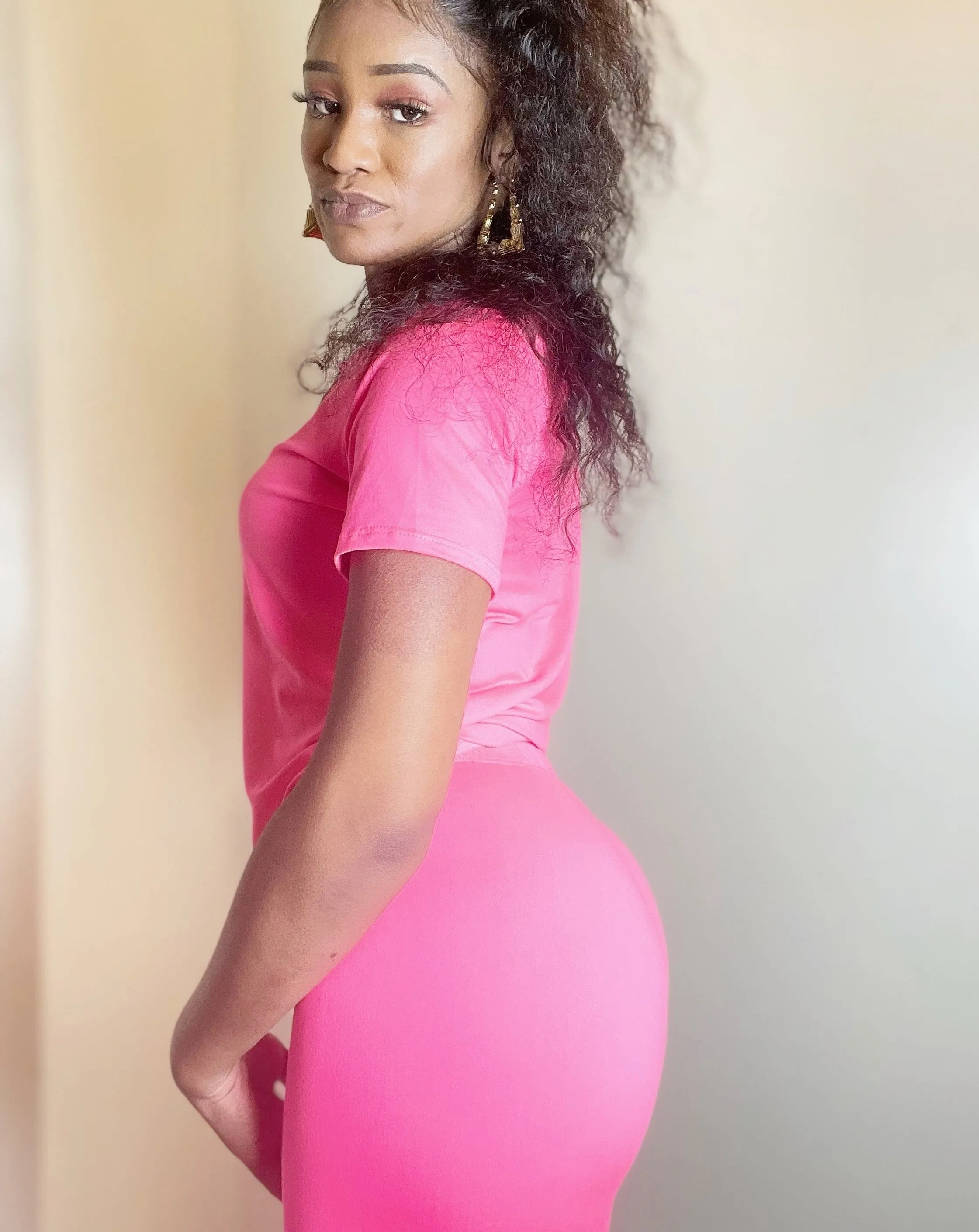 Women's Short Sleeve Top & Shorts Lounge Set (Neon Pink)