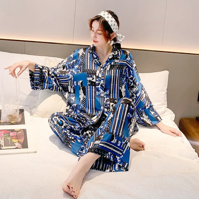 Women's Spring Autumn Long Sleeve Ice Silk Pajamas