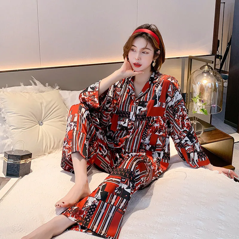 Women's Spring Autumn Long Sleeve Ice Silk Pajamas