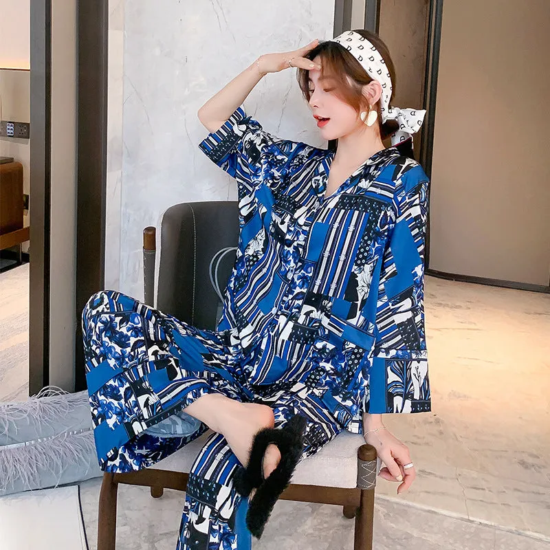 Women's Spring Autumn Long Sleeve Ice Silk Pajamas