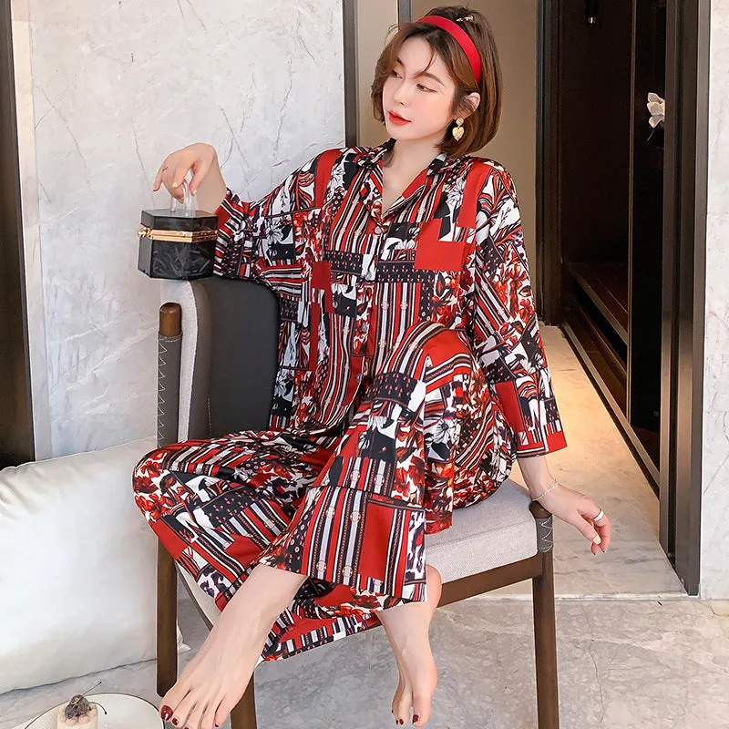 Women's Spring Autumn Long Sleeve Ice Silk Pajamas