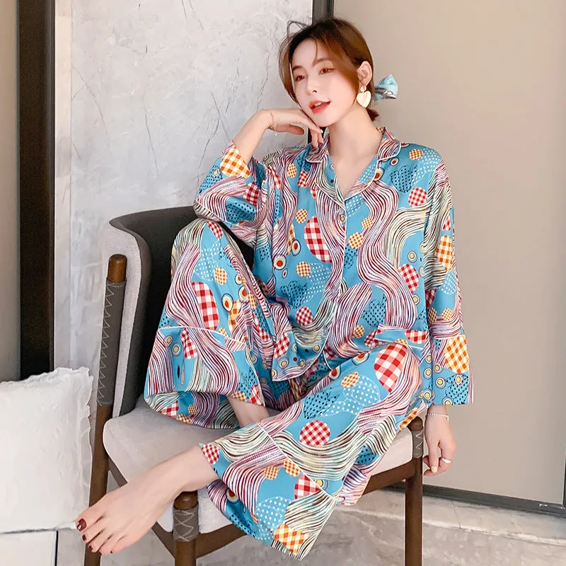 Women's Spring Autumn Long Sleeve Ice Silk Pajamas