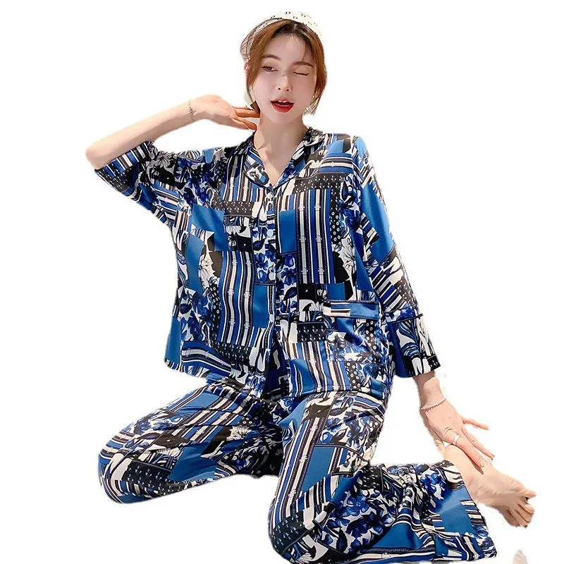 Women's Spring Autumn Long Sleeve Ice Silk Pajamas