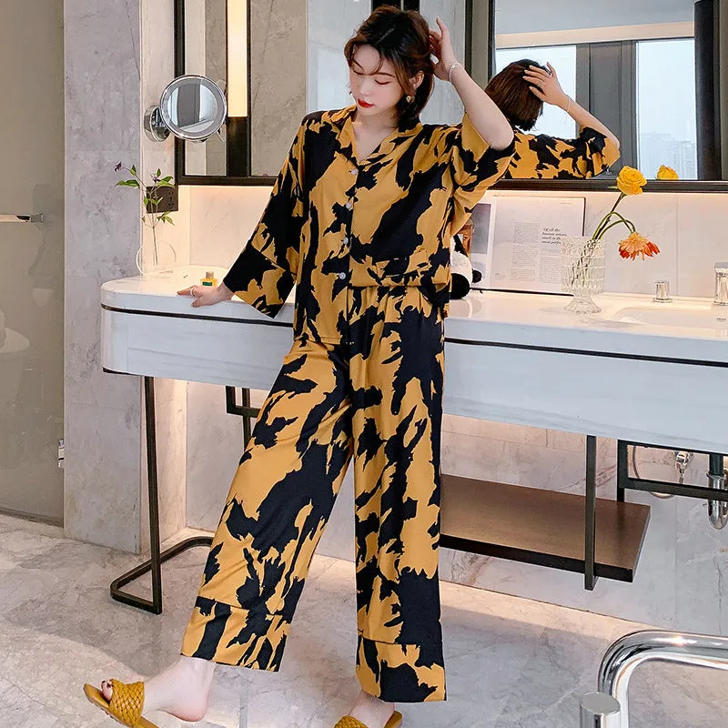Women's Spring Autumn Long Sleeve Ice Silk Pajamas