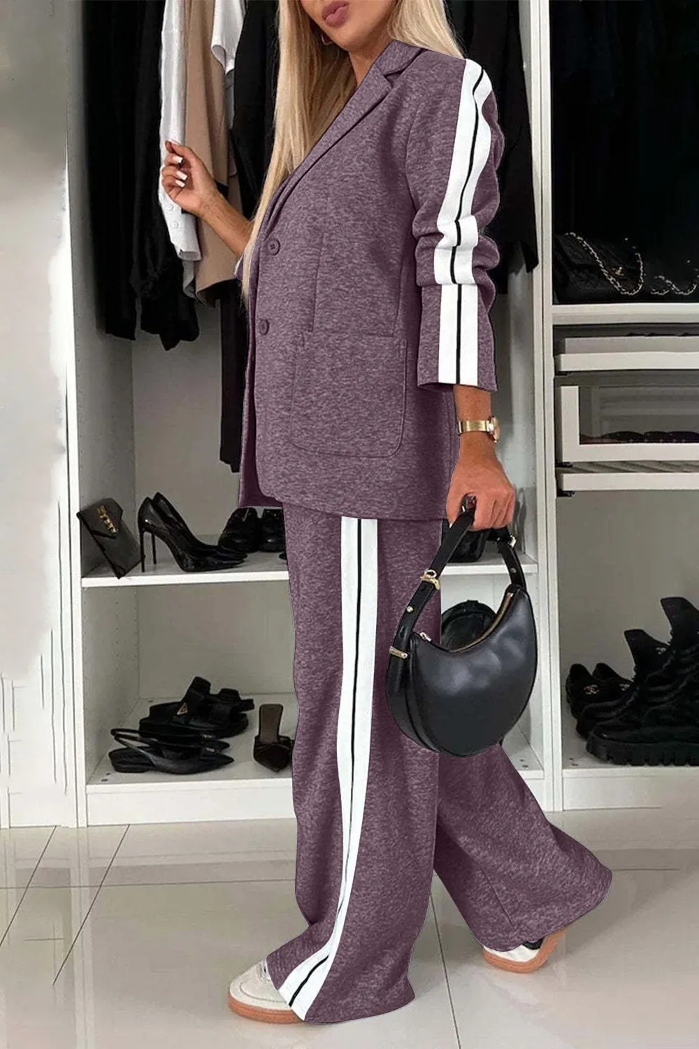 Work Bae Full Size Contrast Lapel Collar Top and Pants Set