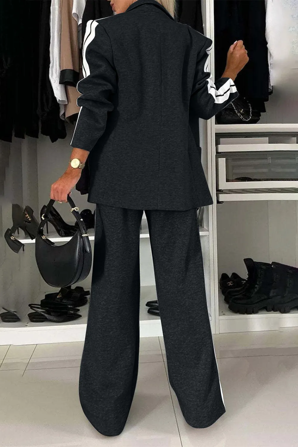 Work Bae Full Size Contrast Lapel Collar Top and Pants Set