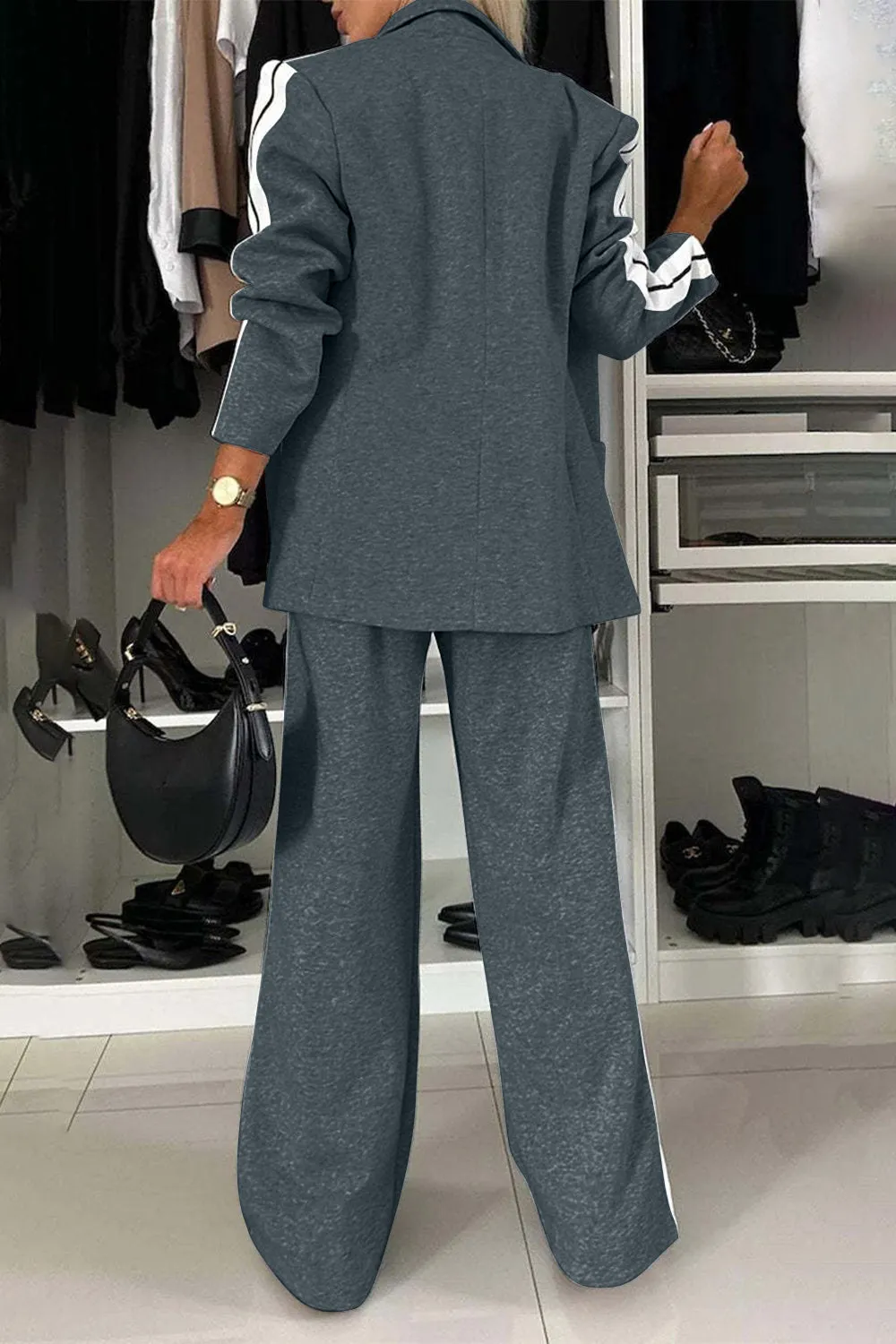 Work Bae Full Size Contrast Lapel Collar Top and Pants Set