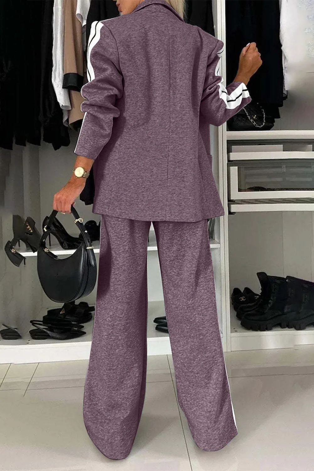Work Bae Full Size Contrast Lapel Collar Top and Pants Set