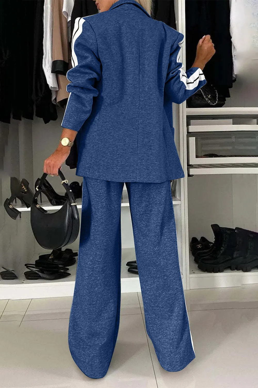 Work Bae Full Size Contrast Lapel Collar Top and Pants Set