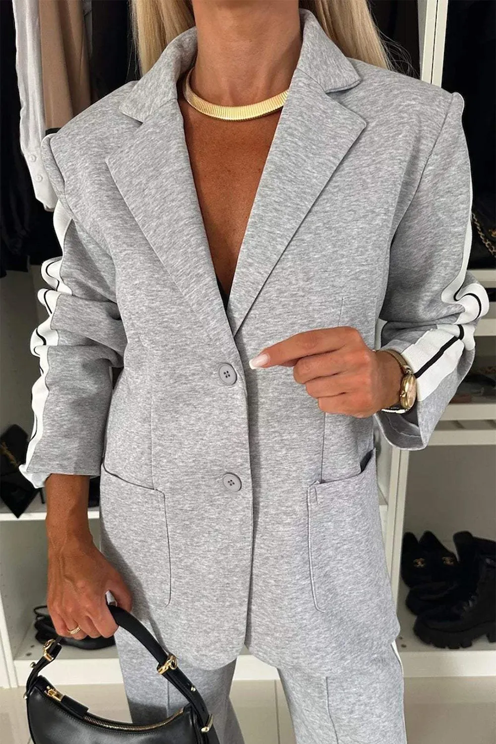 Work Bae Full Size Contrast Lapel Collar Top and Pants Set