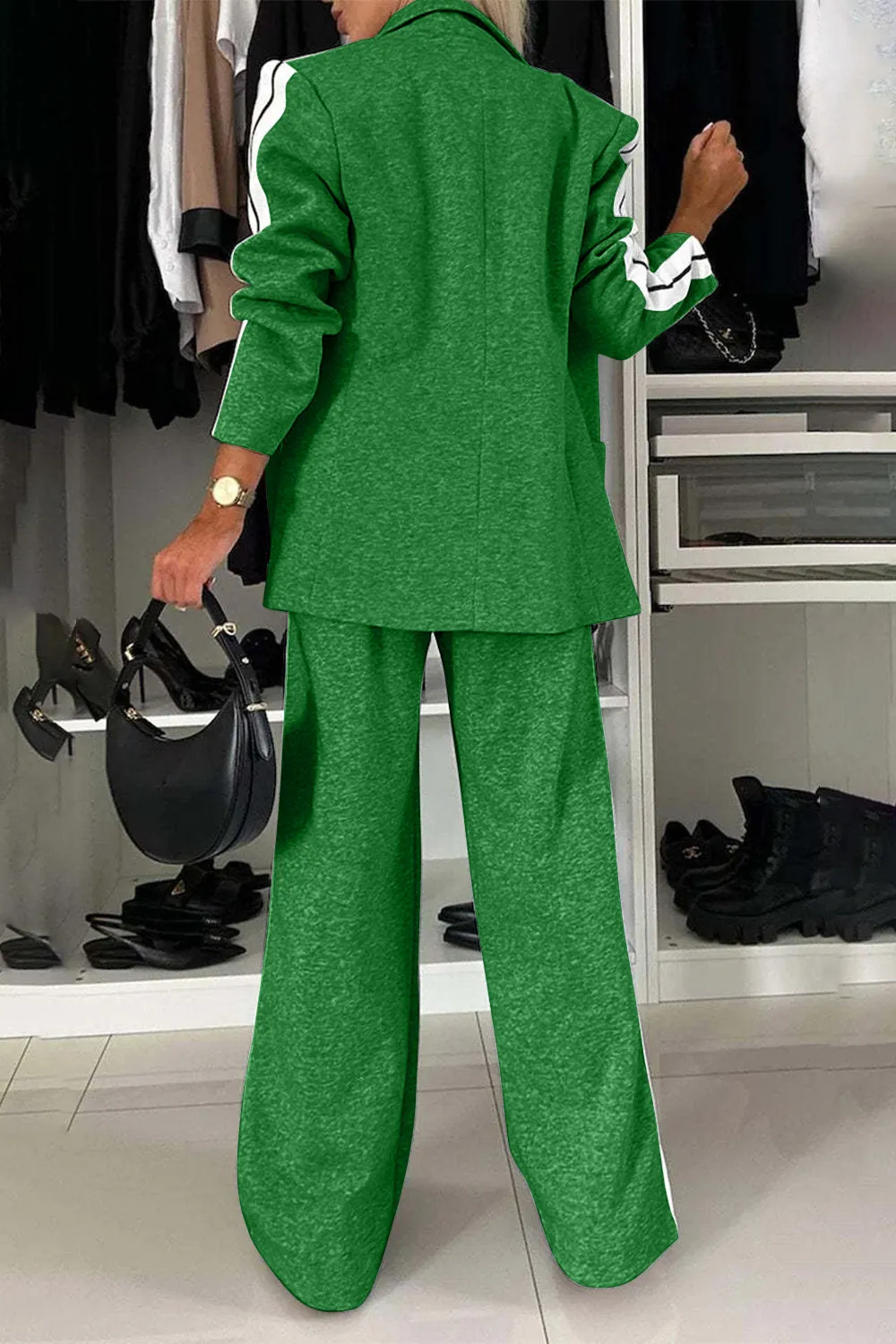 Work Bae Full Size Contrast Lapel Collar Top and Pants Set