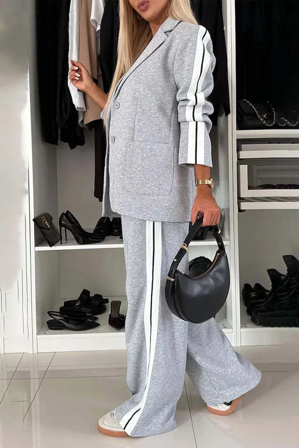 Work Bae Full Size Contrast Lapel Collar Top and Pants Set