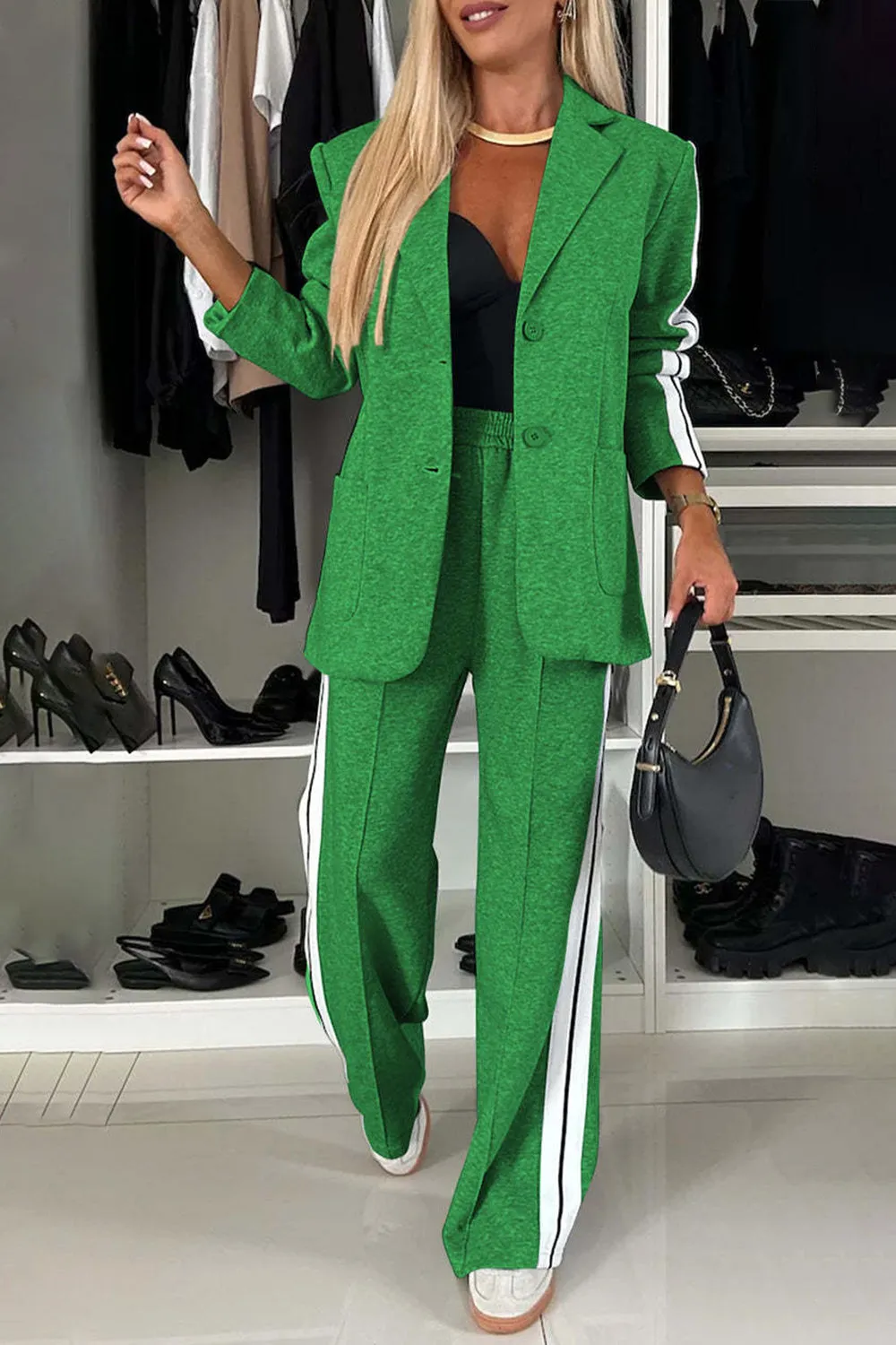 Work Bae Full Size Contrast Lapel Collar Top and Pants Set