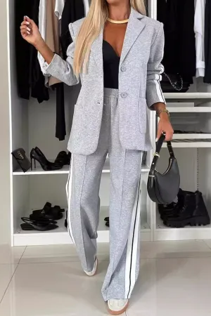 Work Bae Full Size Contrast Lapel Collar Top and Pants Set