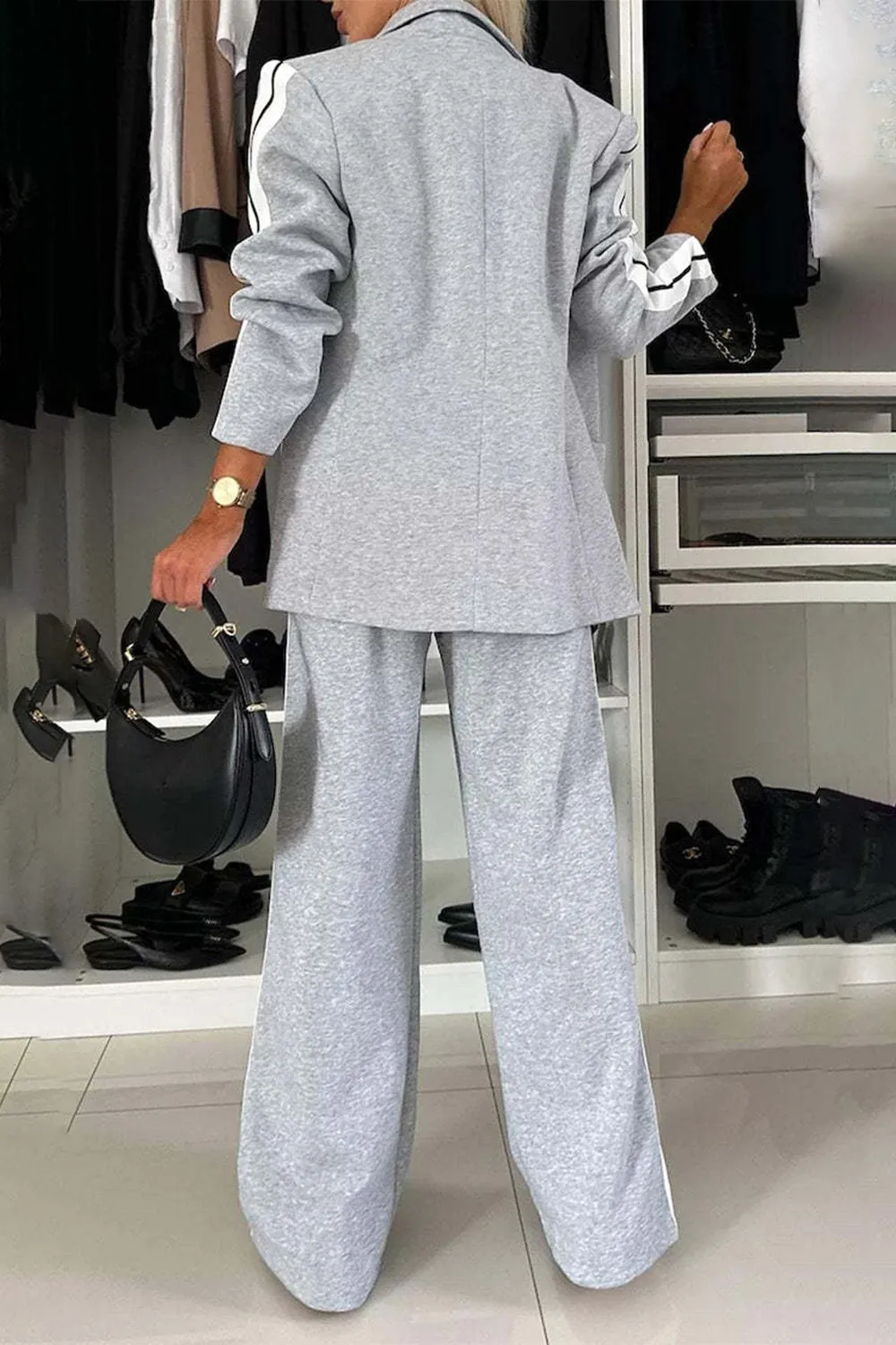 Work Bae Full Size Contrast Lapel Collar Top and Pants Set