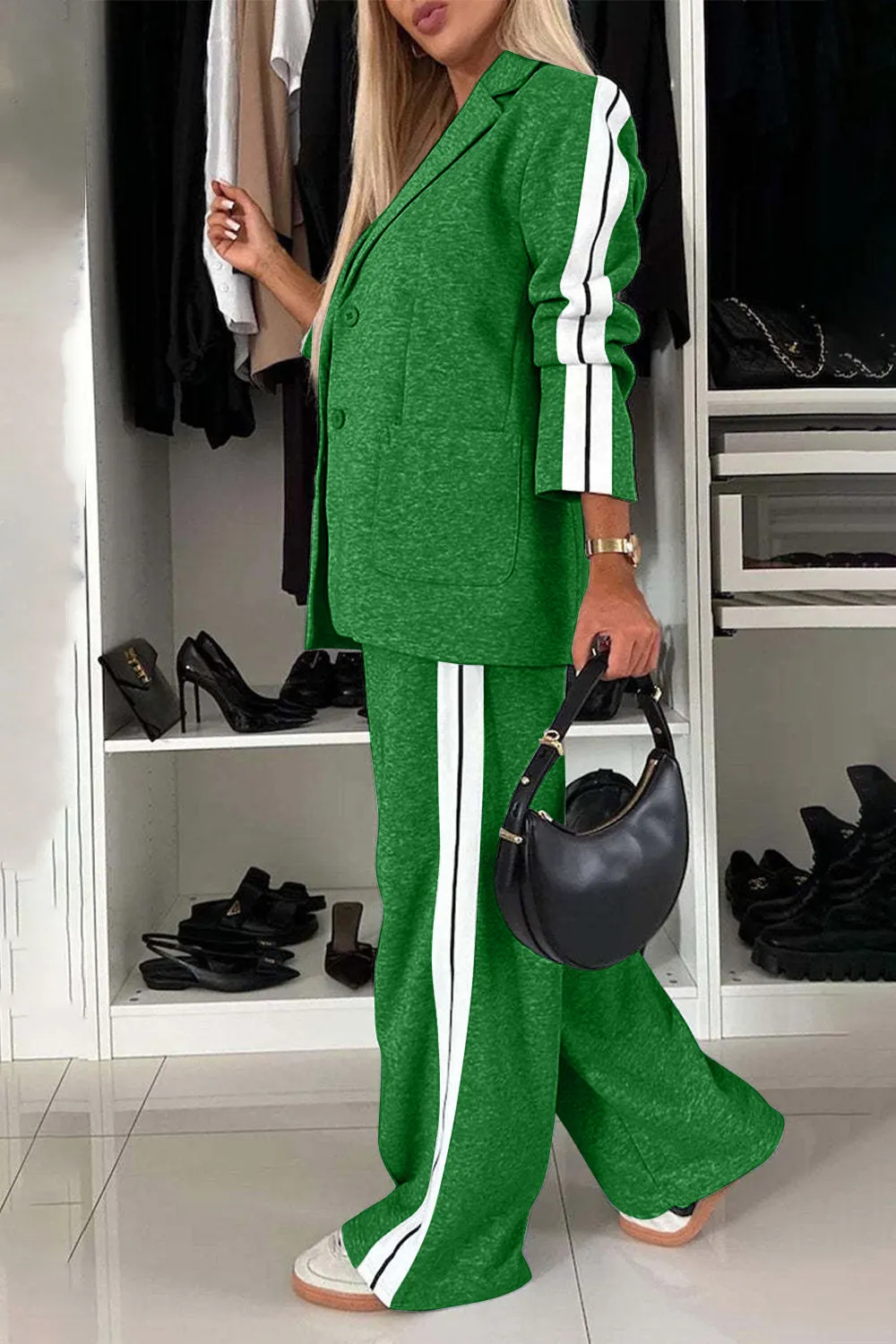 Work Bae Full Size Contrast Lapel Collar Top and Pants Set