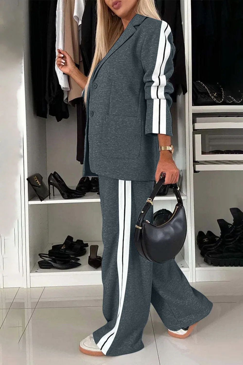 Work Bae Full Size Contrast Lapel Collar Top and Pants Set