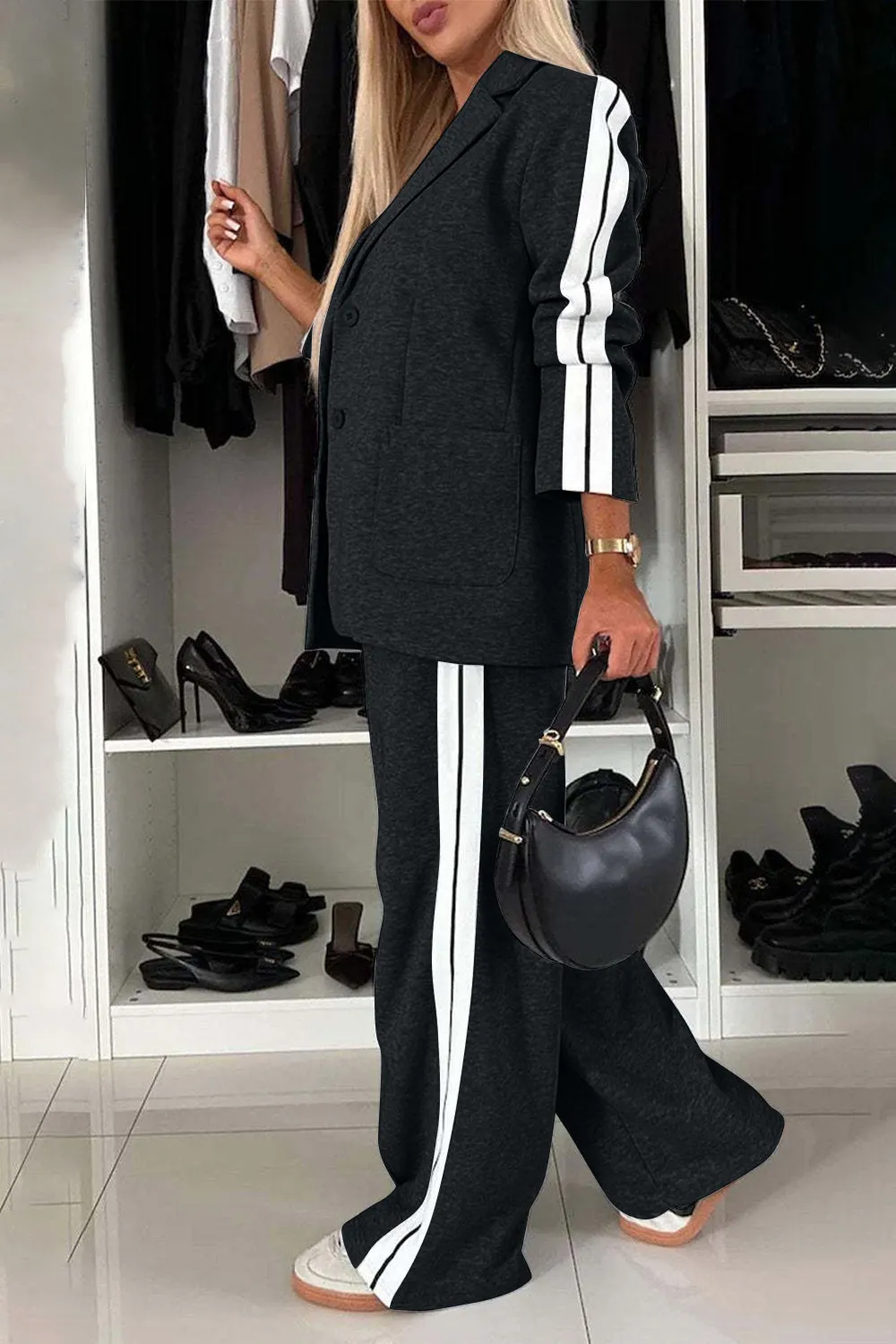 Work Bae Full Size Contrast Lapel Collar Top and Pants Set