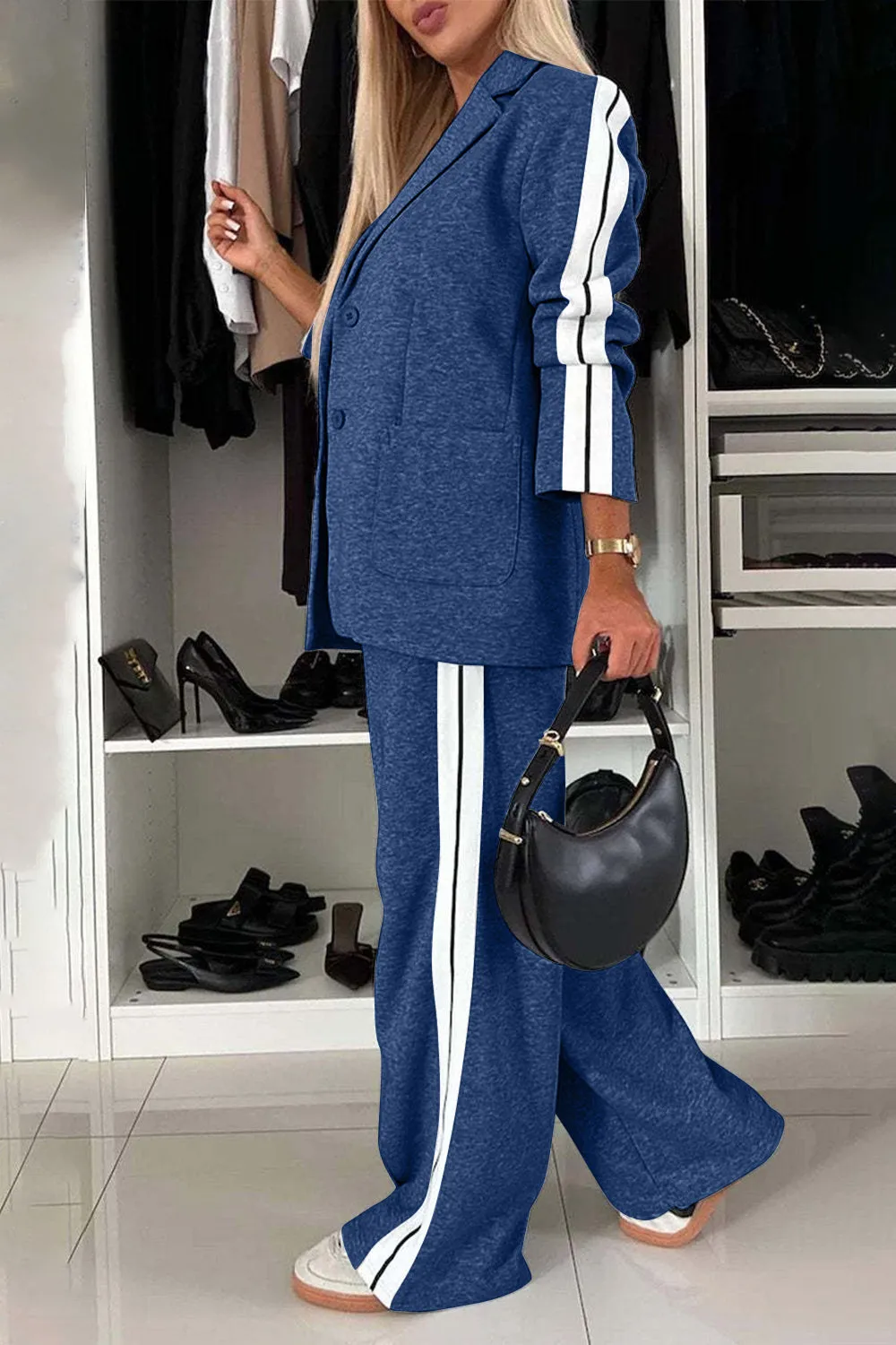 Work Bae Full Size Contrast Lapel Collar Top and Pants Set