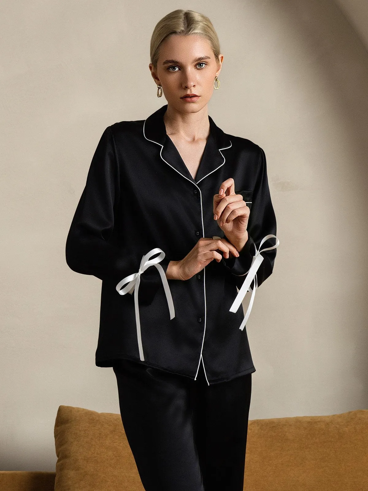 Zuivere Zijde Lange Mouw Broek Pyjama Set