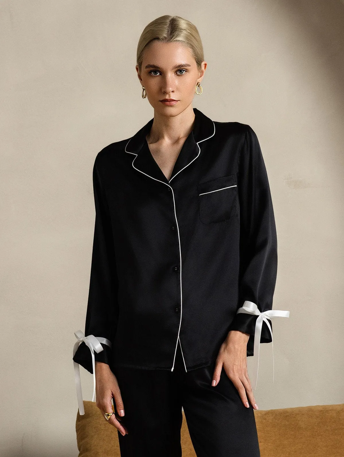 Zuivere Zijde Lange Mouw Broek Pyjama Set