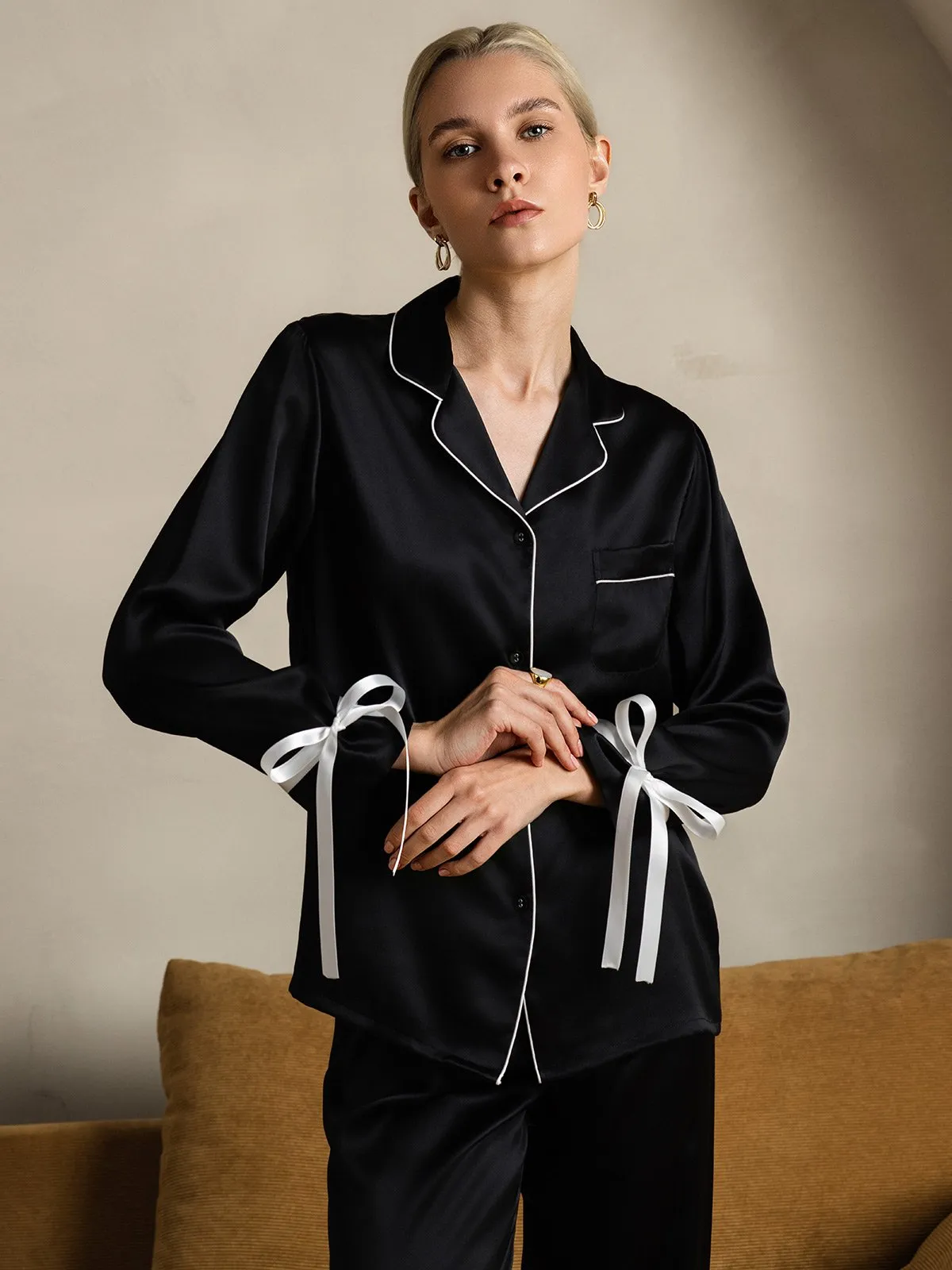 Zuivere Zijde Lange Mouw Broek Pyjama Set