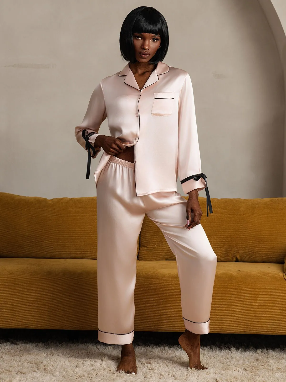 Zuivere Zijde Lange Mouw Broek Pyjama Set