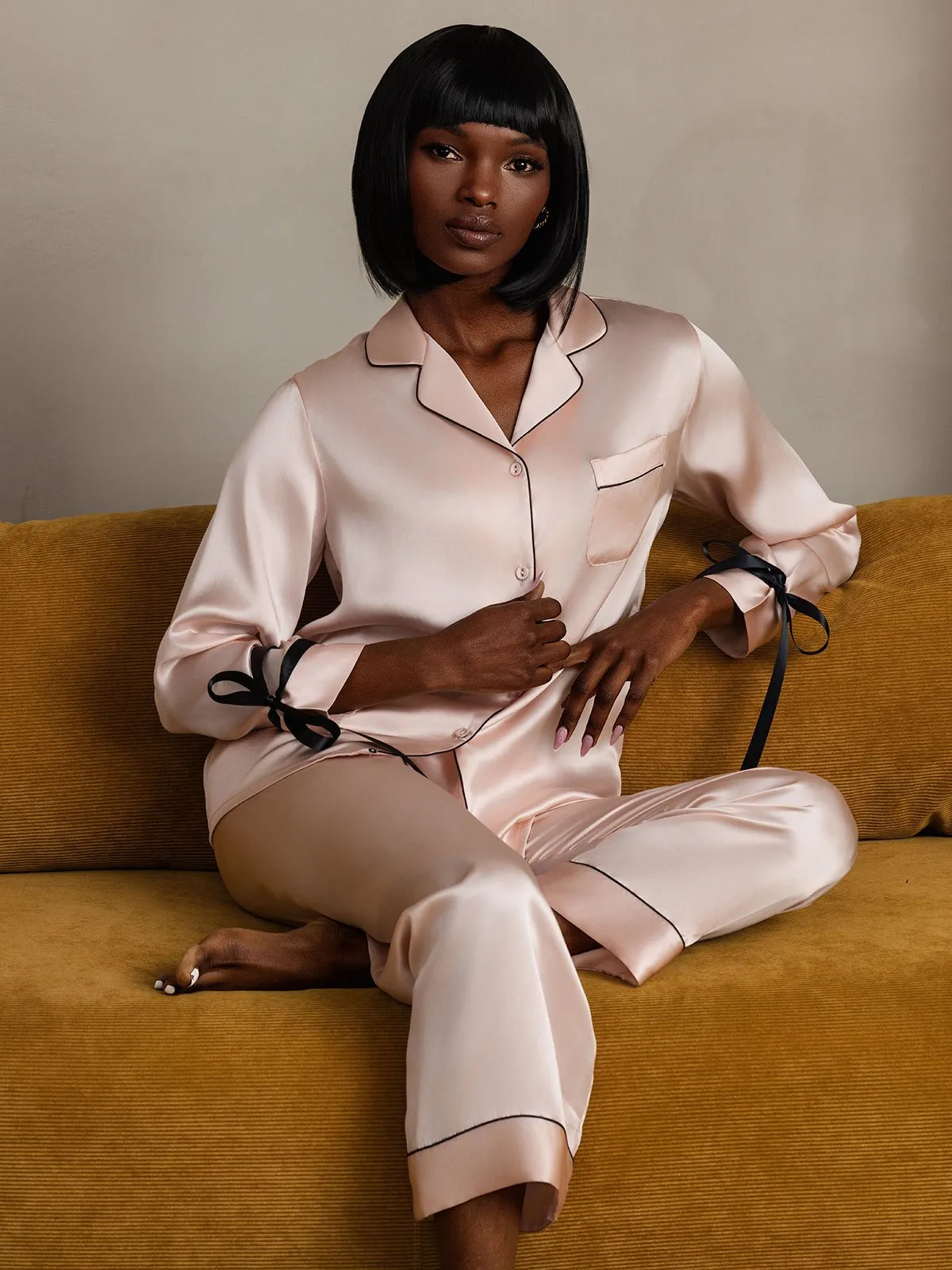 Zuivere Zijde Lange Mouw Broek Pyjama Set