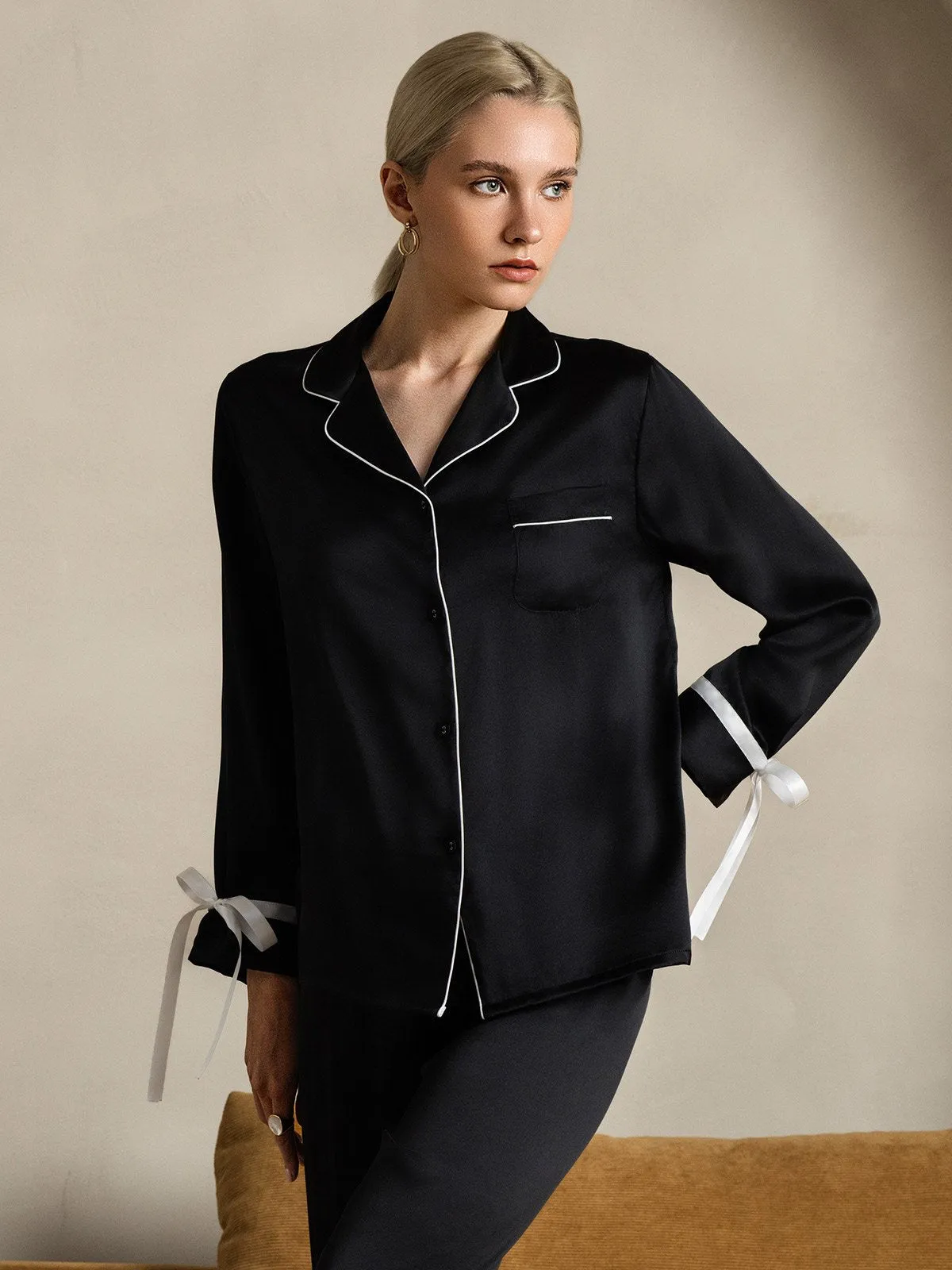 Zuivere Zijde Lange Mouw Broek Pyjama Set