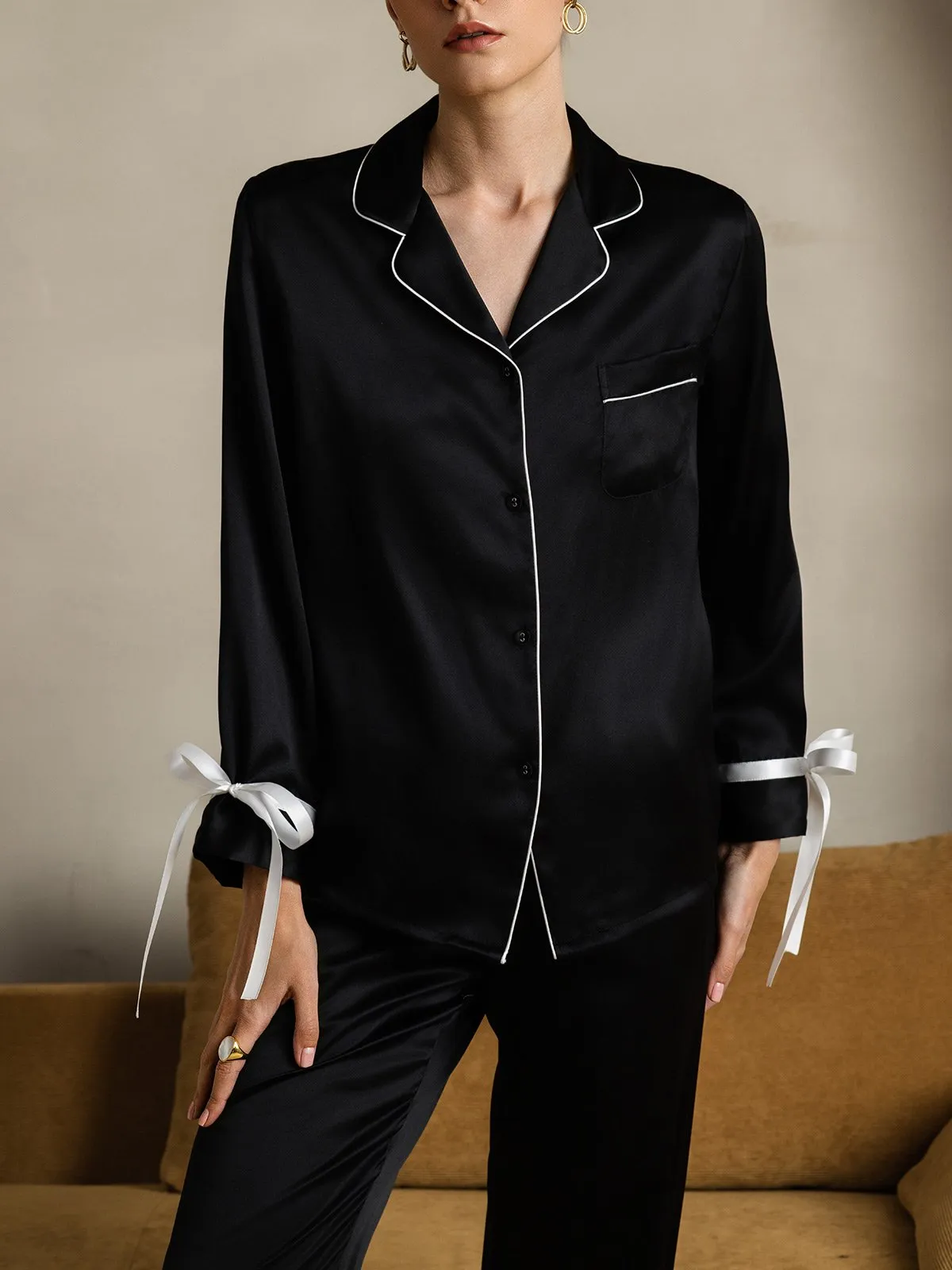 Zuivere Zijde Lange Mouw Broek Pyjama Set