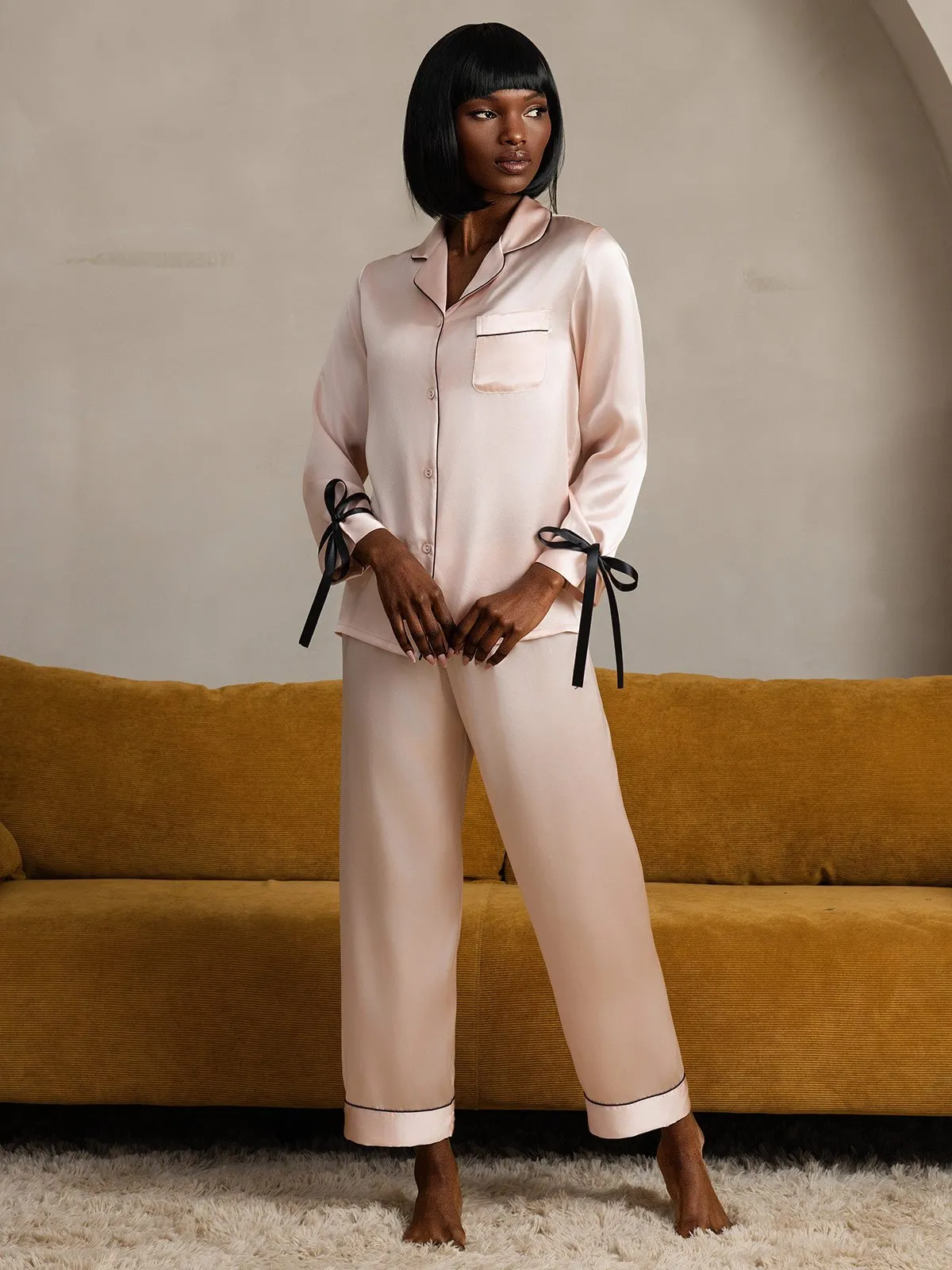 Zuivere Zijde Lange Mouw Broek Pyjama Set